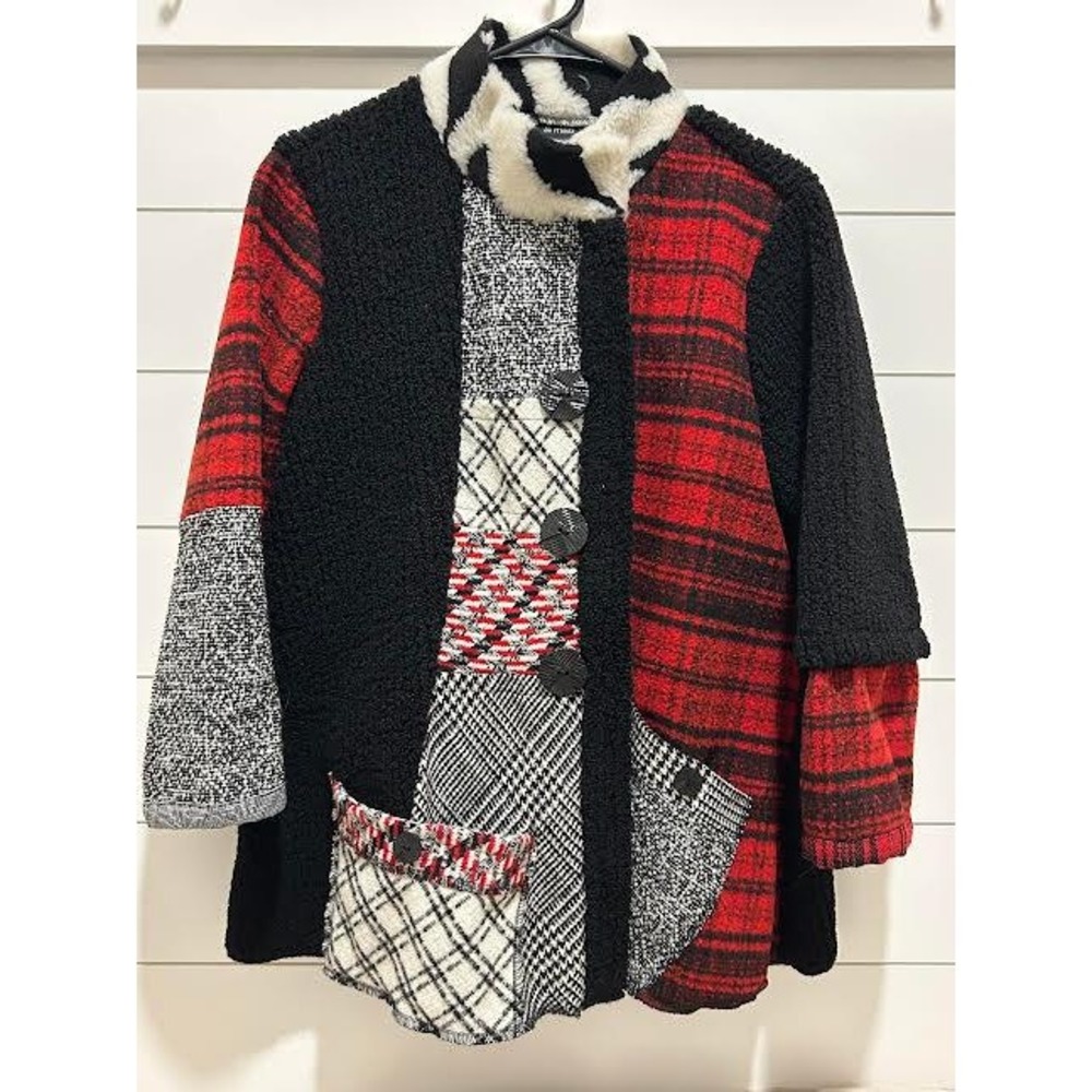 Ali Miles Womens PM Red Plaid Patchwork Boucle Cardigan Jacket Faux Fur Collar